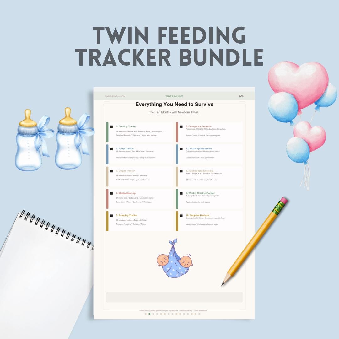 Twin Feeding Tracker Printable, Newborn Twin Survival Planner, Sleep Feeding Diaper Log, Twin Mom PDF Bundle