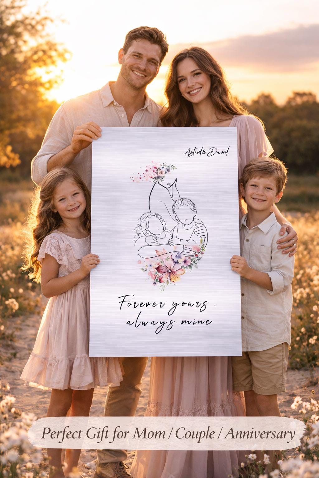 Custom Line Art Metal Portrait, Brushed Aluminum Family Keepsake, Anniversary Gift