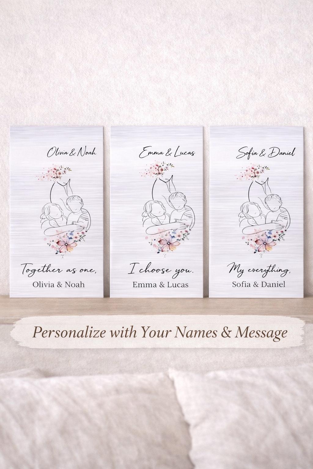 Custom Line Art Metal Portrait, Brushed Aluminum Family Keepsake, Anniversary Gift