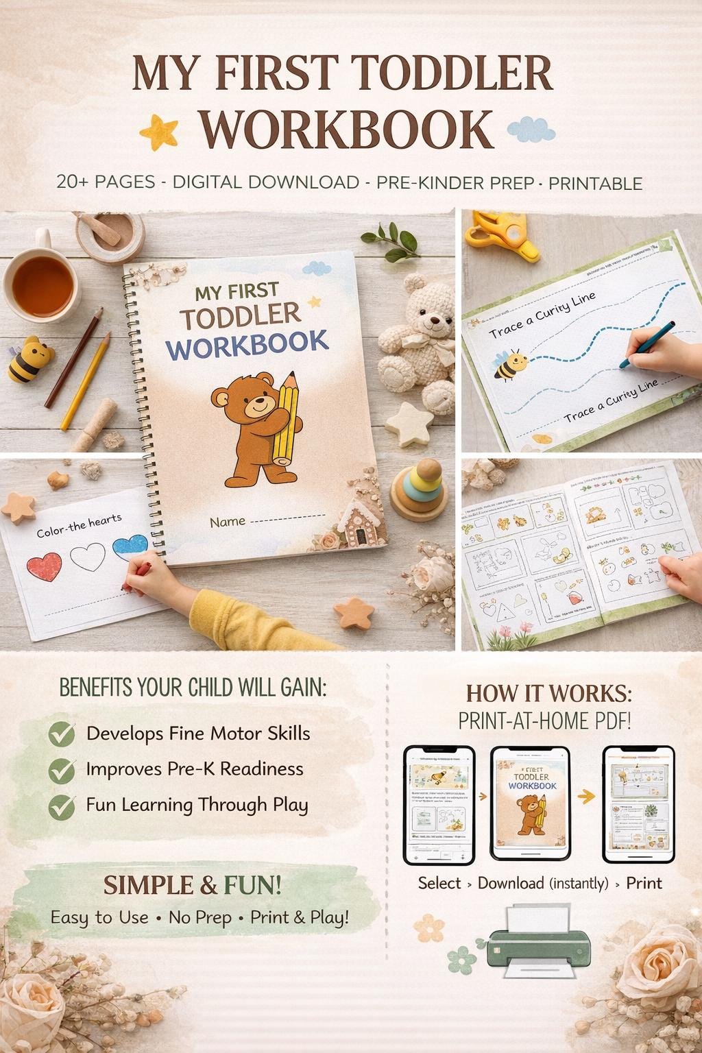 Toddler Workbook Ages 2-4 – Fine Motor Skills, Counting, Shapes, Colors (20 Activities PDF)