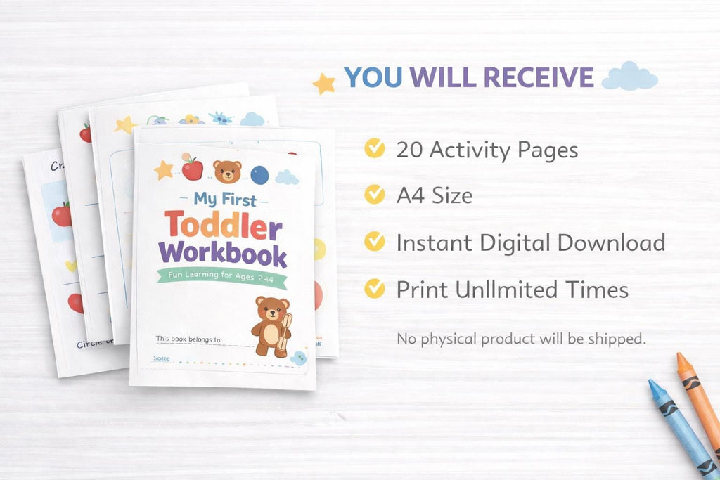 Toddler Workbook Ages 2-4 – Fine Motor Skills, Counting, Shapes, Colors (20 Activities PDF)