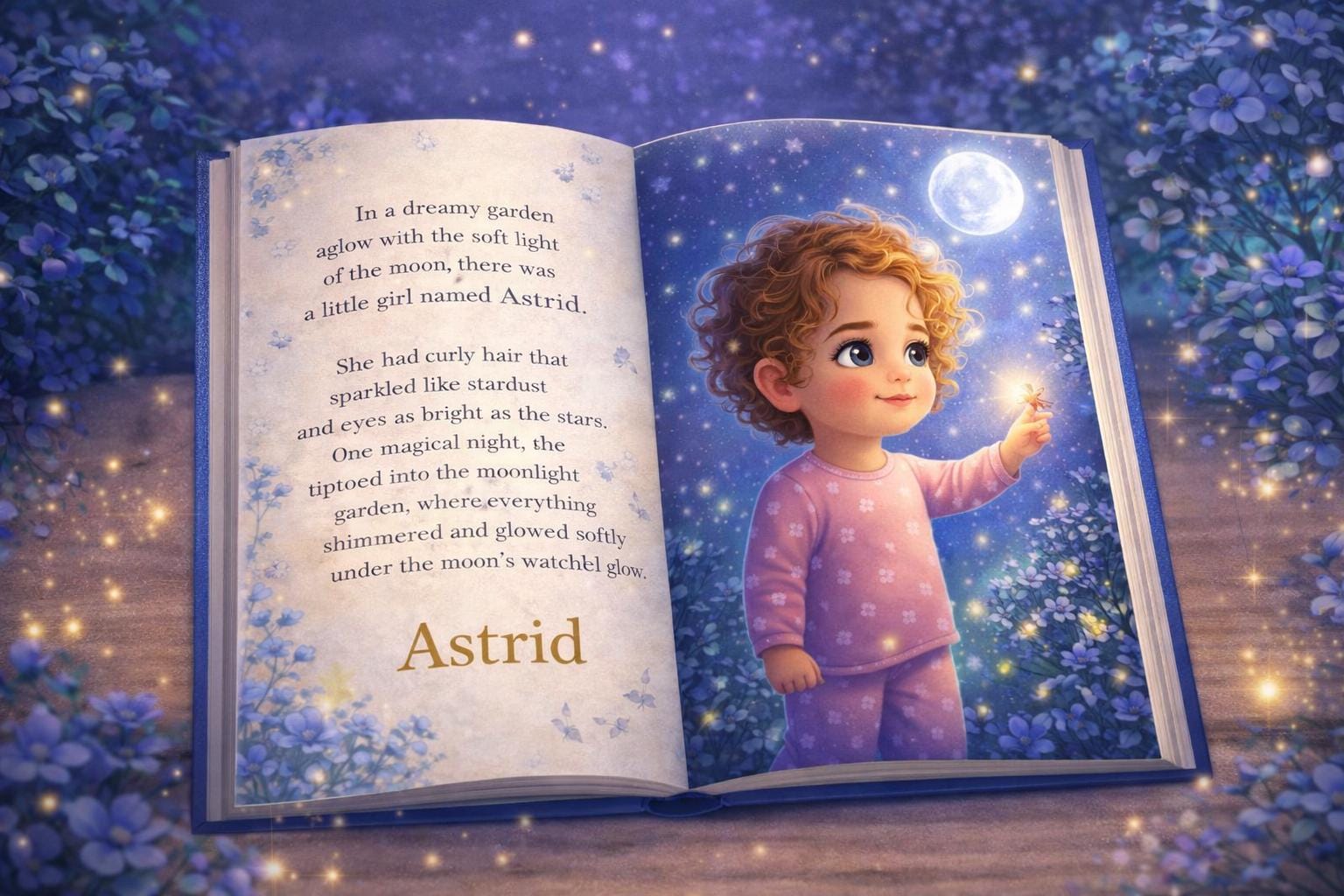Personalized Bedtime Story Book, Custom Girl Photo Story, Moonlight Garden Adventure