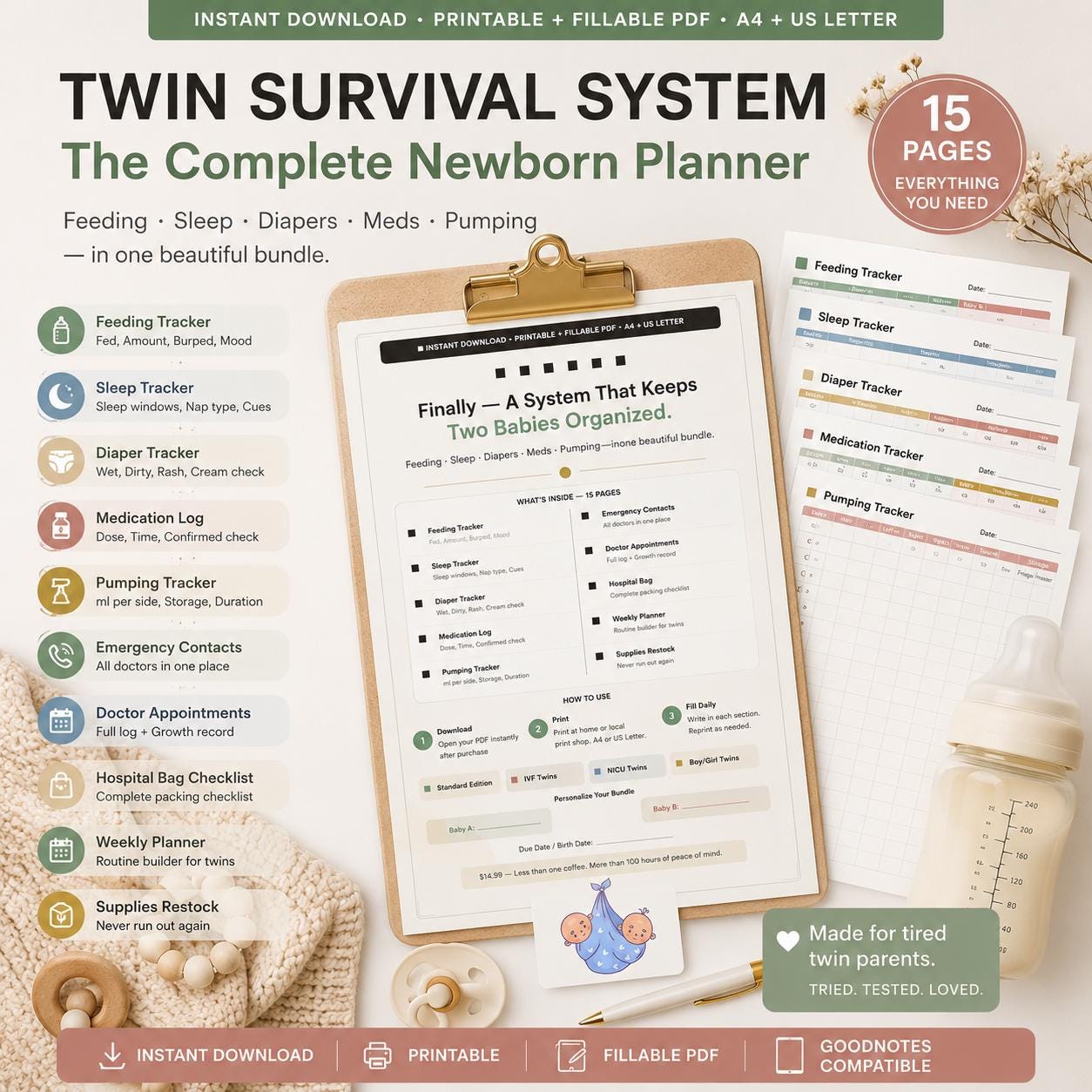 Twin Feeding Tracker Printable, Newborn Twin Survival Planner, Sleep Feeding Diaper Log, Twin Mom PDF Bundle