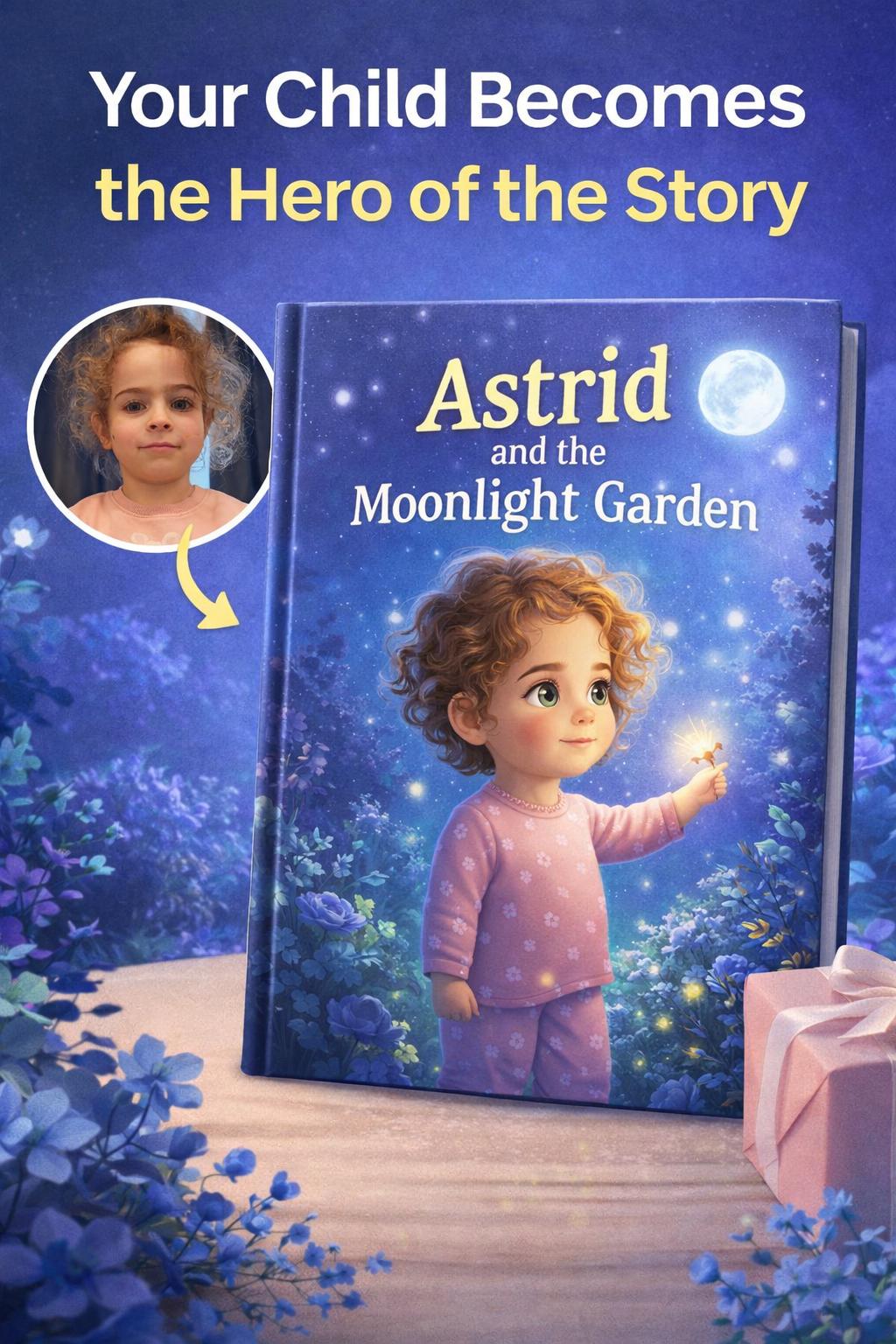 Personalized Bedtime Story Book, Custom Girl Photo Story, Moonlight Garden Adventure