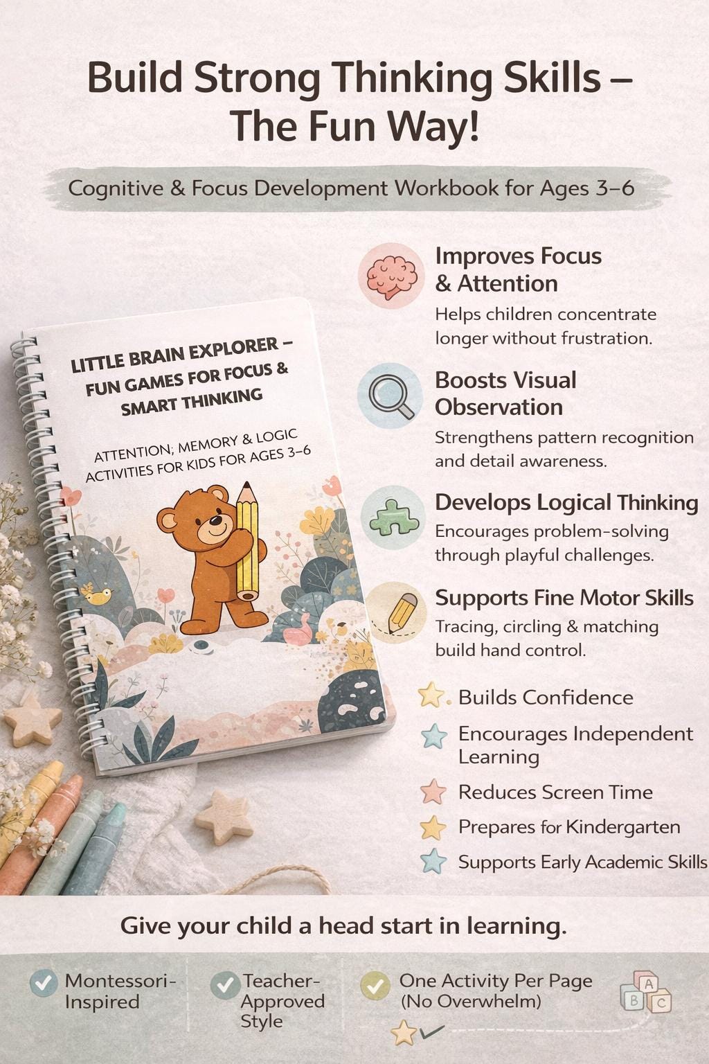 Cognitive Activity Book for Kids Ages 3-6 | Focus, Memory, Logic Games (Printable/Printed)