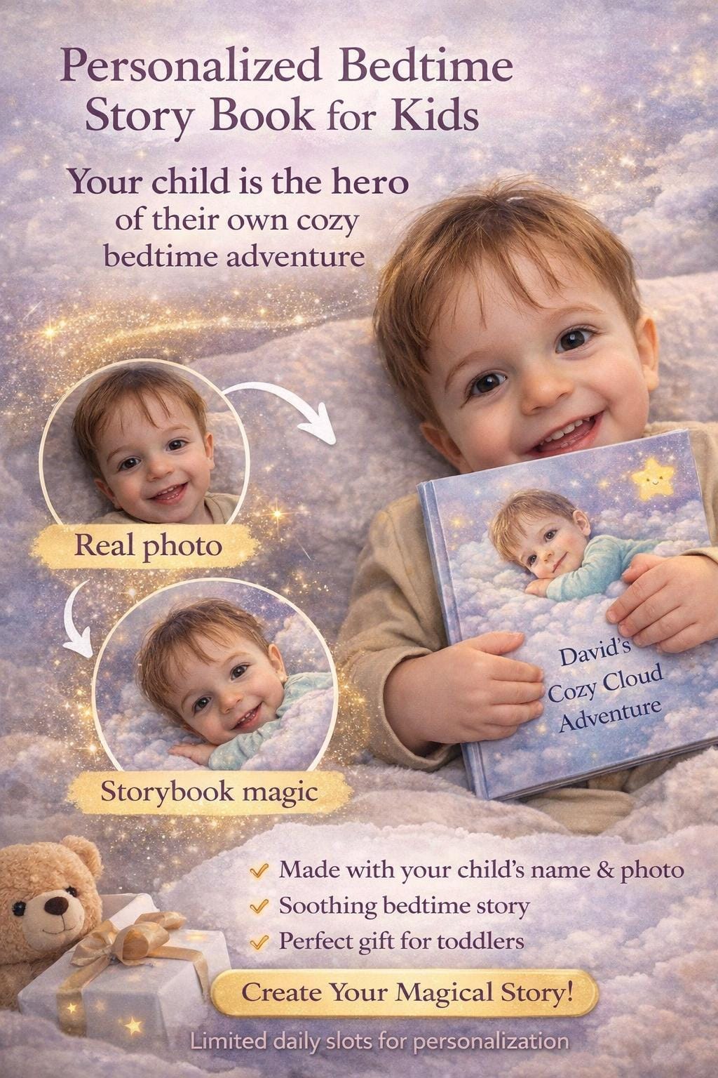 Personalized Bedtime Story Book – Child Hero, Cozy Cloud Adventure, Custom Name (PDF or Print)