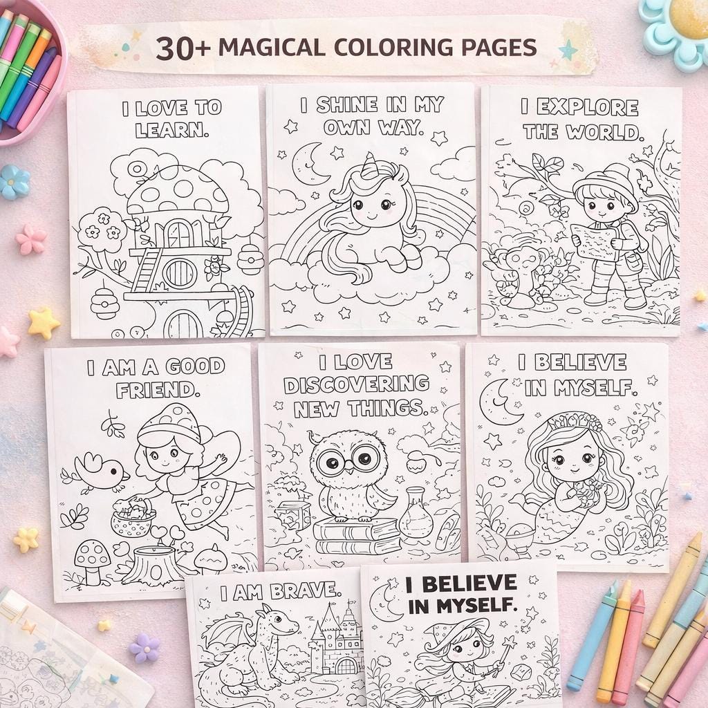 Kids Affirmation Coloring Book | Unicorn Fairy Pages, Positive Self Esteem Activity (Printable PDF)