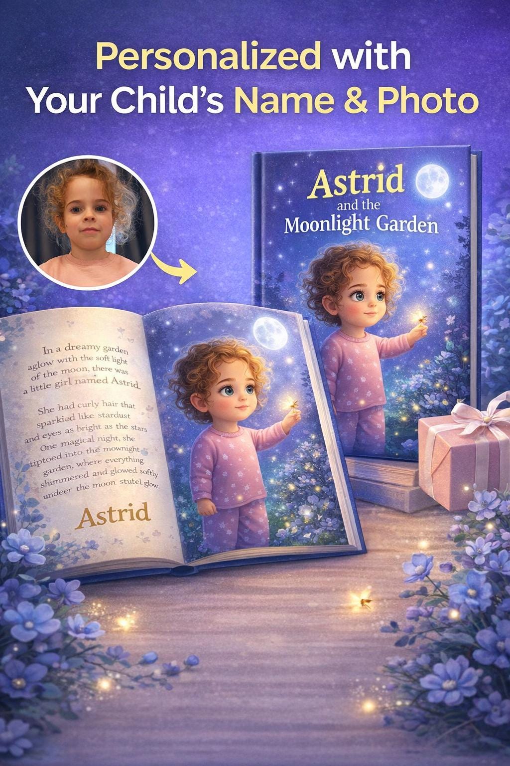 Personalized Bedtime Story Book, Custom Girl Photo Story, Moonlight Garden Adventure