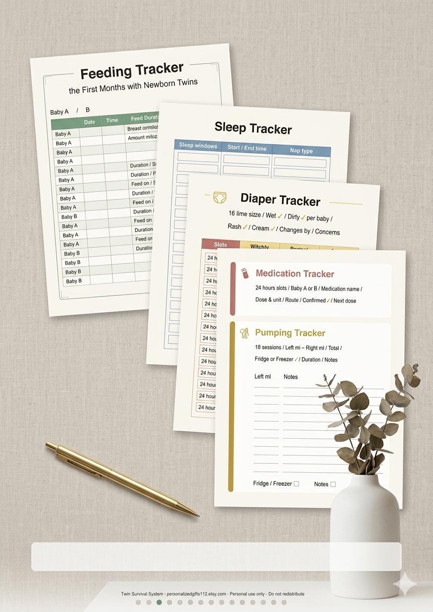 Twin Feeding Tracker Printable, Newborn Twin Survival Planner, Sleep Feeding Diaper Log, Twin Mom PDF Bundle